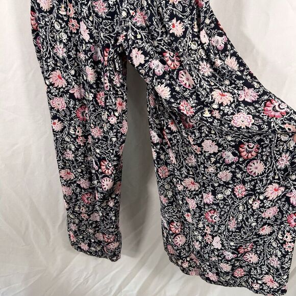 LOFT Jumpsuit Women's XS Black Pink Floral Sleeveless Smocked Top Lightweight - Picture 4 of 9